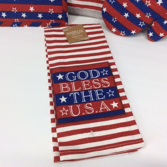 "God Bless The USA" 4 Pc Kitchen Set Patriotic 2 Towels/1 Oven Mitt/1 Pot Holder - Picture 2 of 6